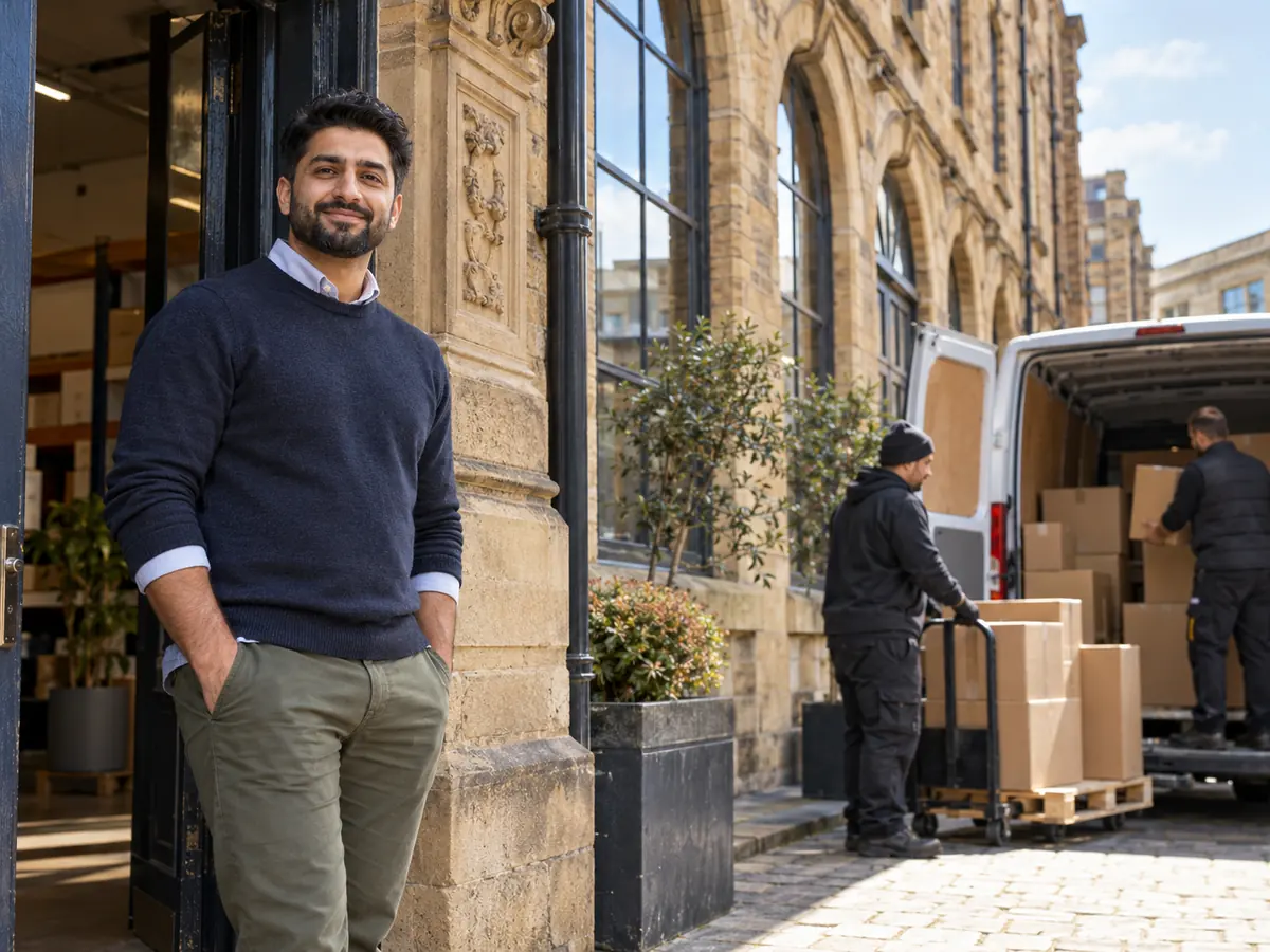 A business owner outside a unit in a Victorian stone warehouse district