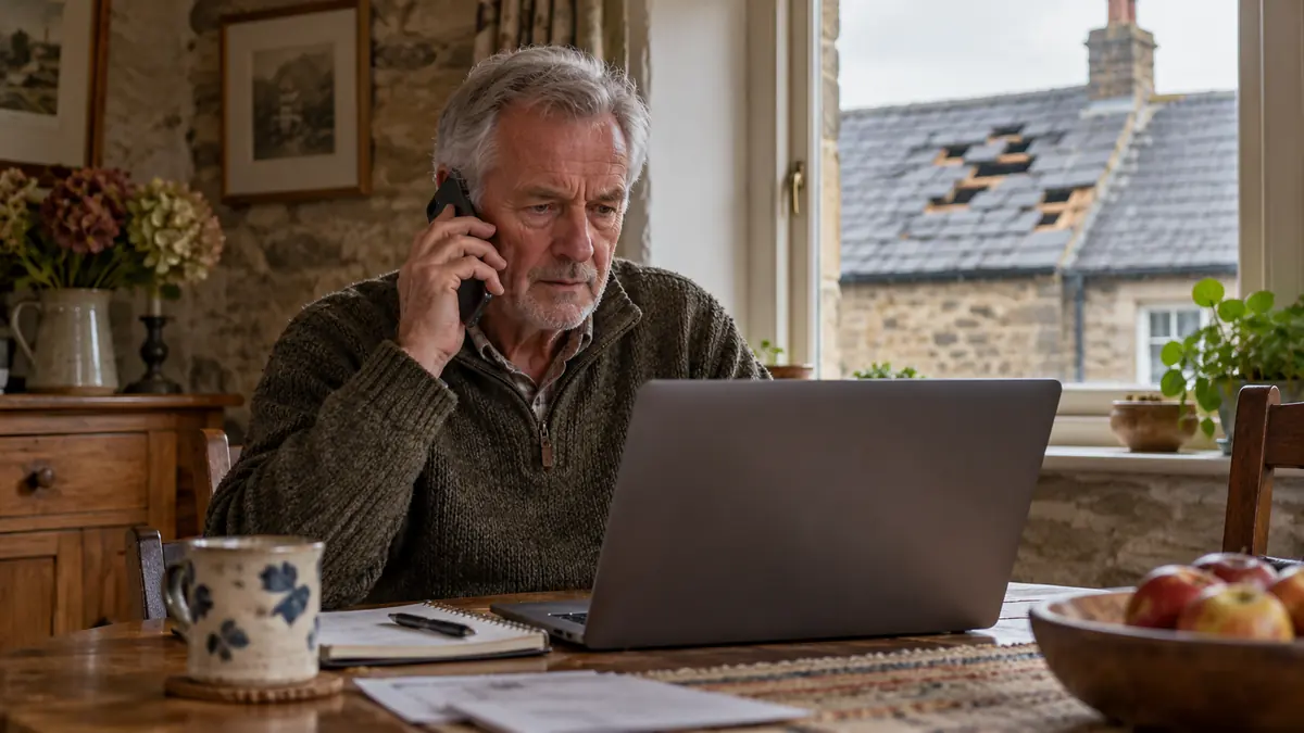 A homeowner phoning a roofer while looking at a laptop