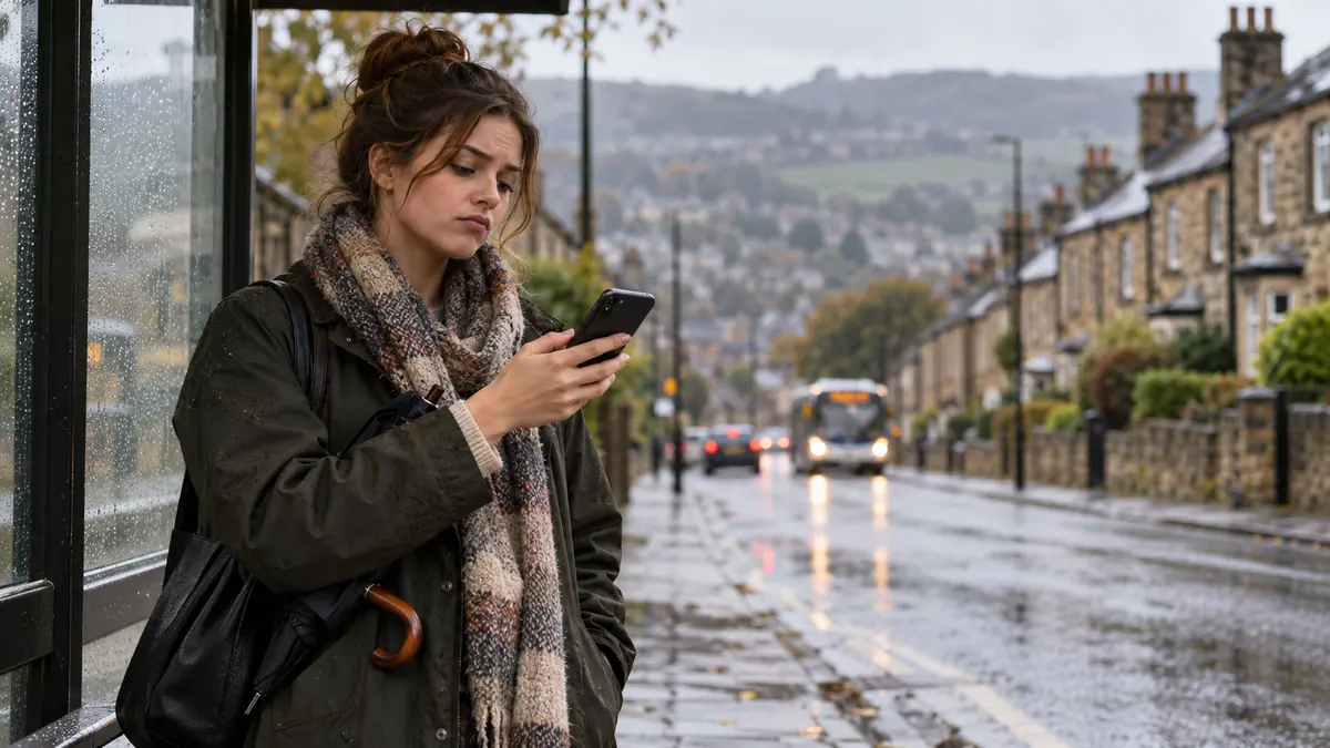 A person waiting impatiently for a page to load on their phone at a bus stop