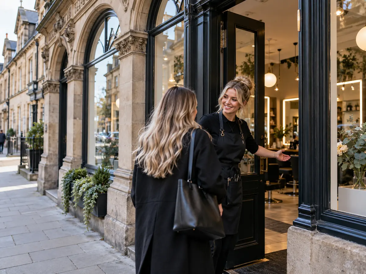 A hairdresser welcoming a client into her salon on a stone street
