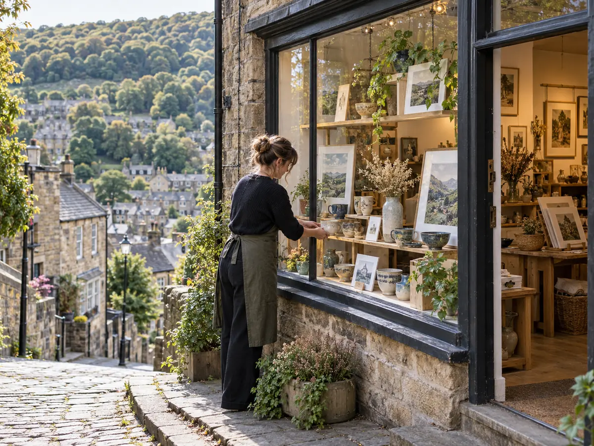 An independent shop owner arranging handmade goods in a stone shopfront