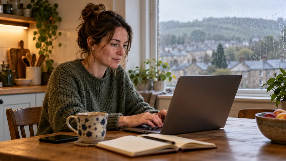 A homeowner typing a question into a chat assistant on a laptop