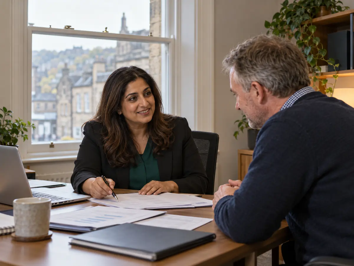 An accountant meeting a client in a small town-centre office
