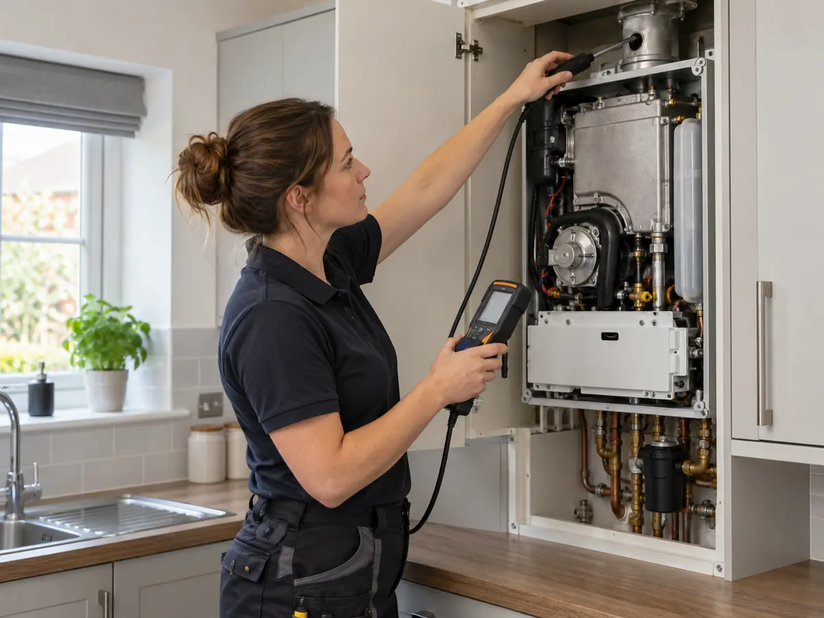 A heating engineer servicing a combi boiler in a kitchen cupboard