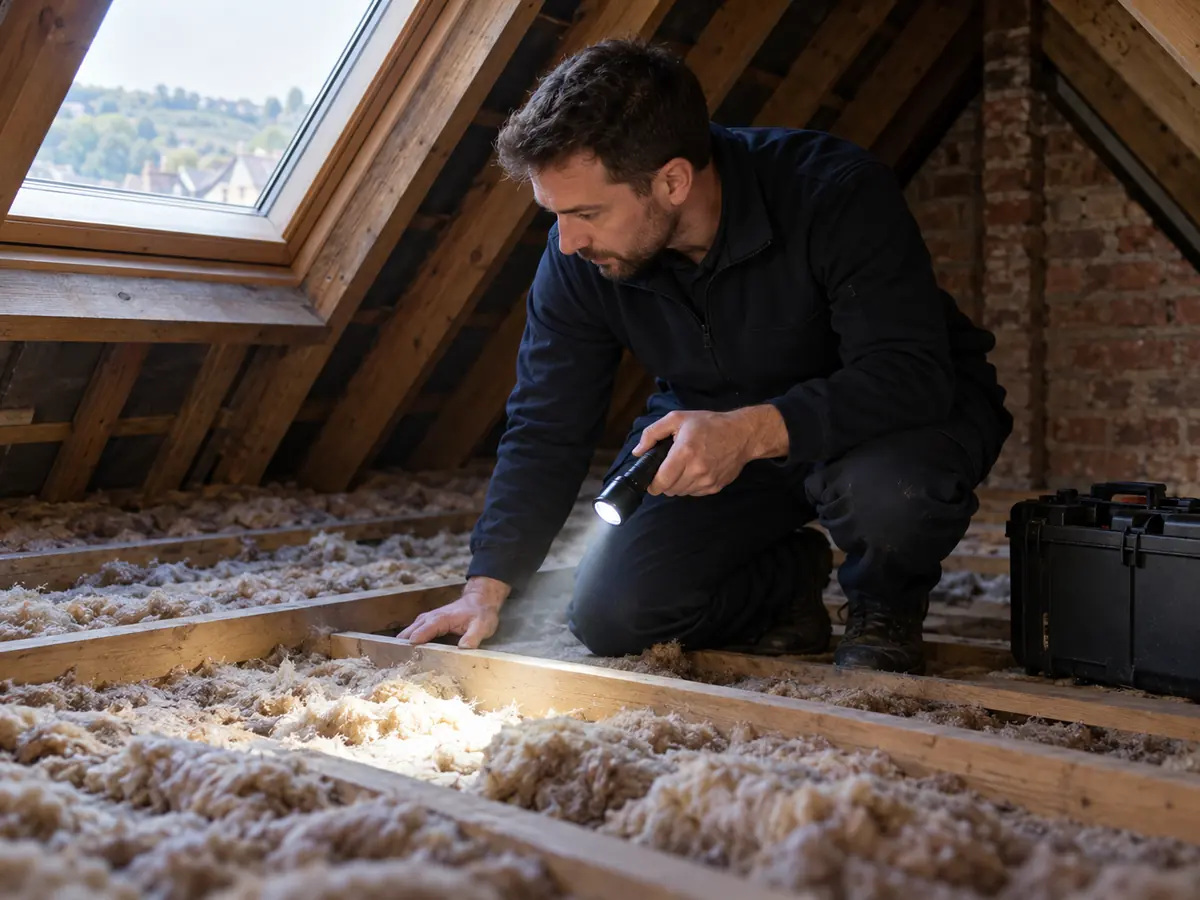 A pest control technician inspecting a loft with a torch