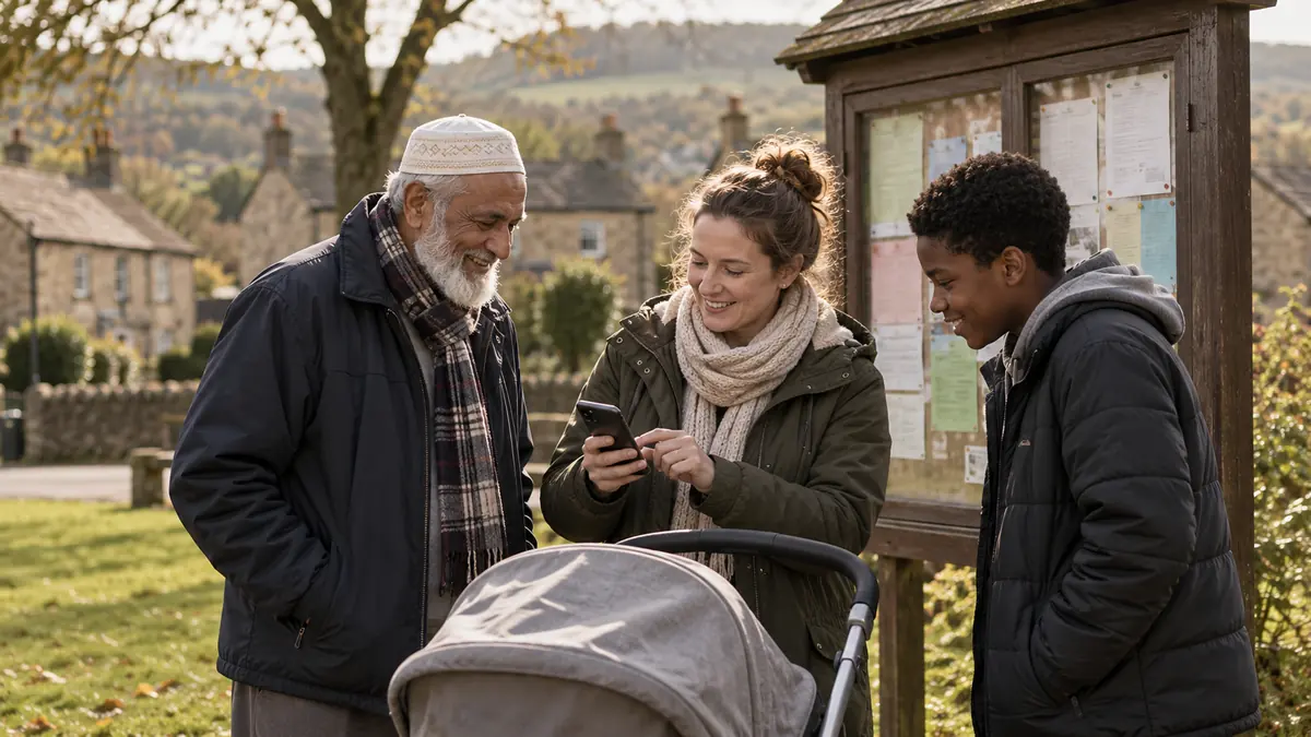 Local residents chatting beside a community noticeboard in a village