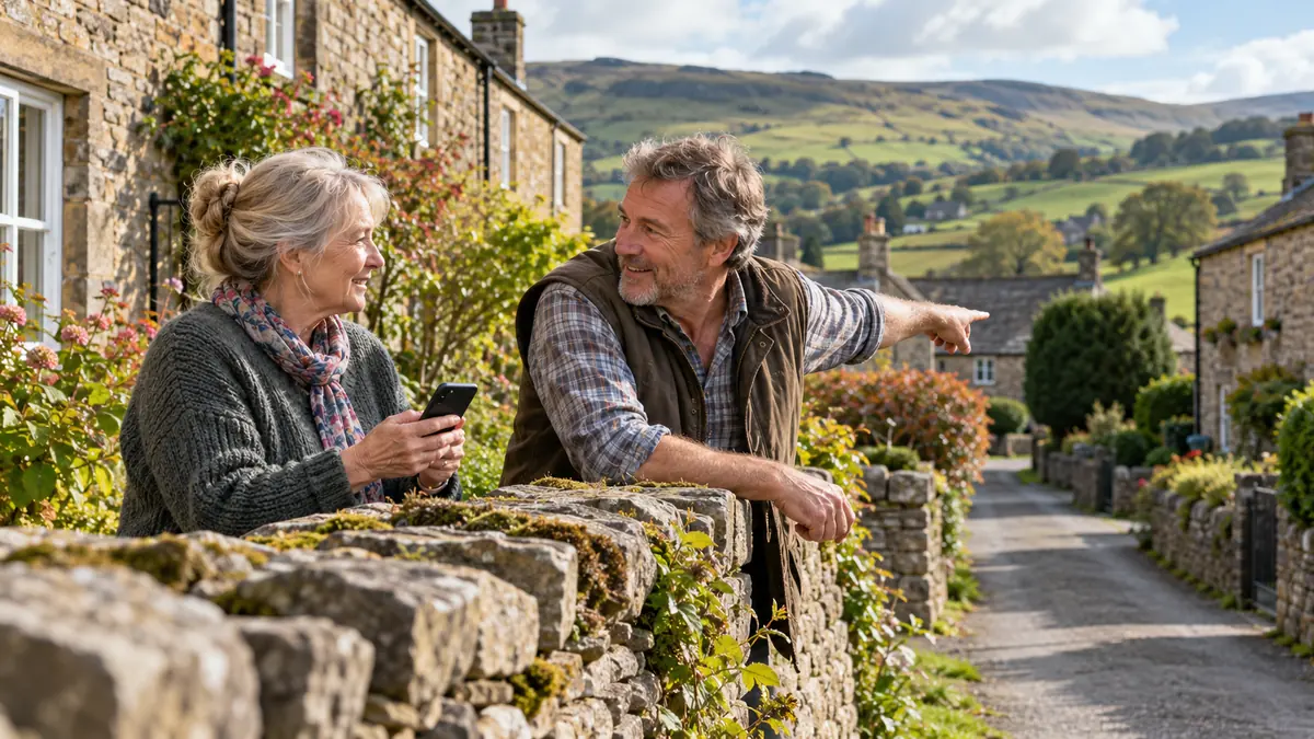 Two neighbours chatting over a garden wall, one recommending a tradesman