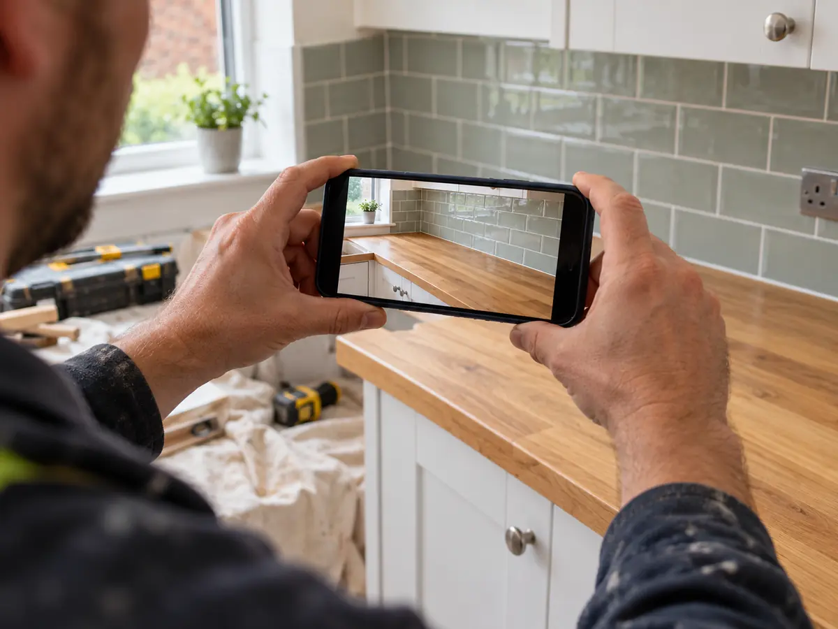Hands holding a phone to photograph a newly finished kitchen worktop