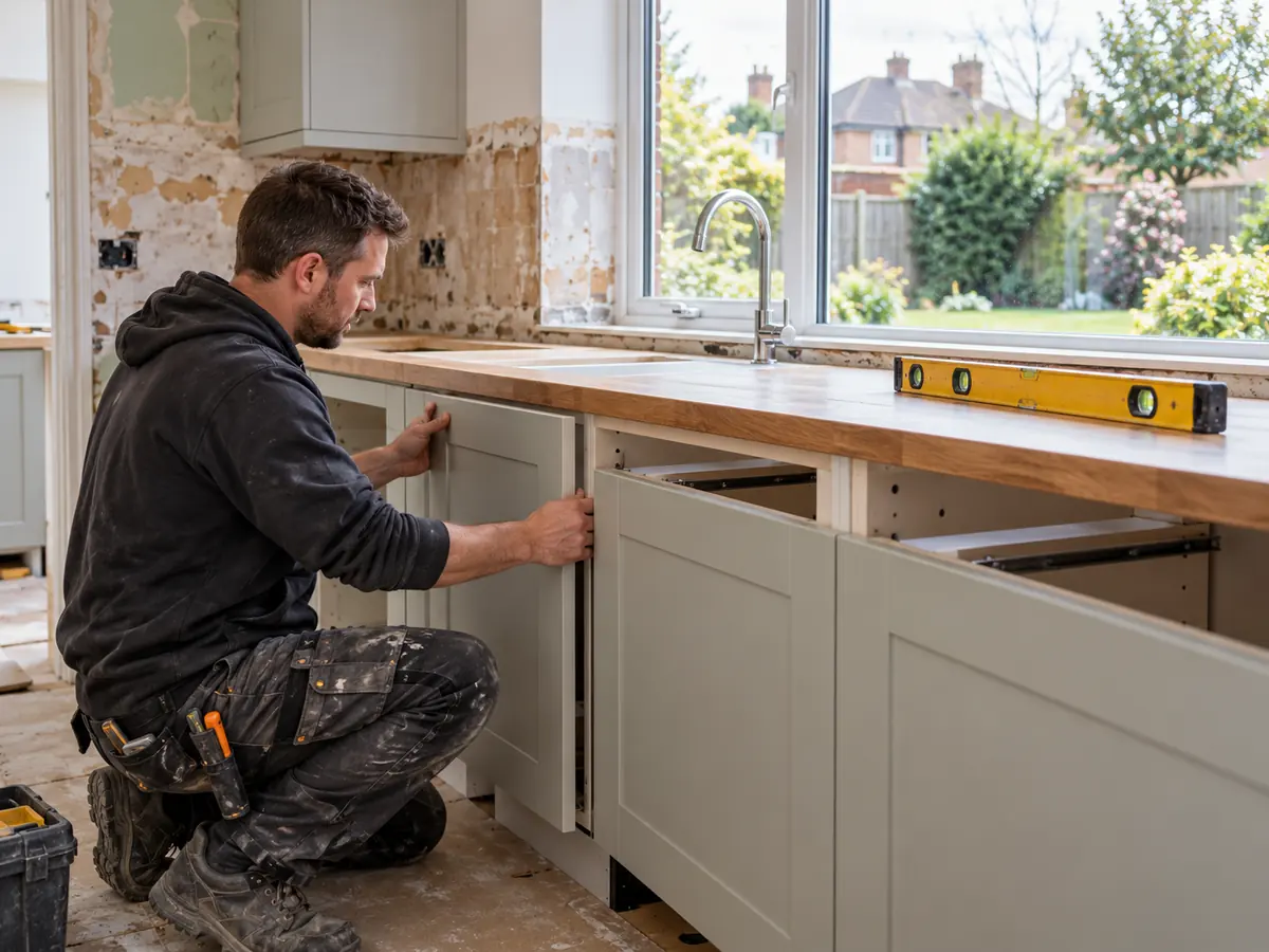 A kitchen fitter installing units in a suburban semi-detached house