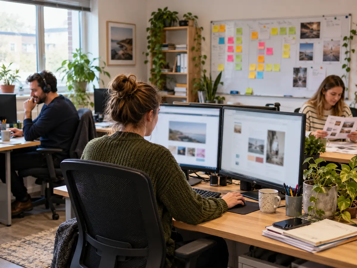 A small web team working at desks with website layouts on their screens
