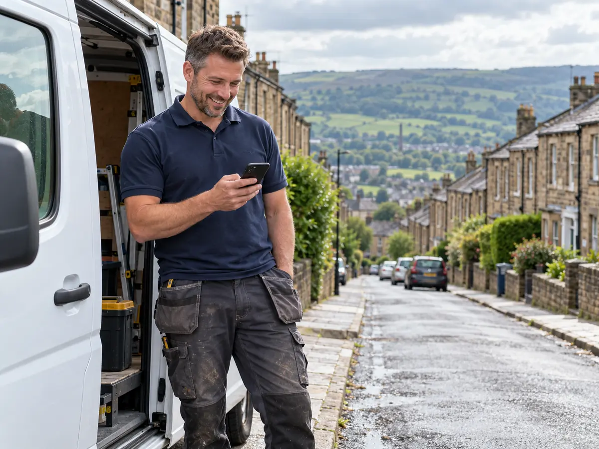 A tradesman beside his van on a stone-terraced street, smiling at a new enquiry on his phone