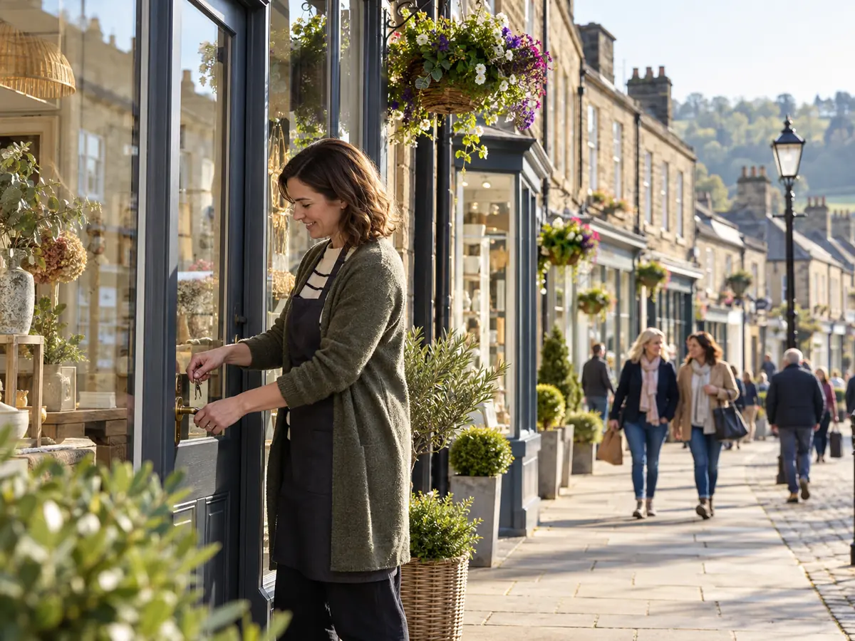 A boutique owner opening up on a neat stone high street