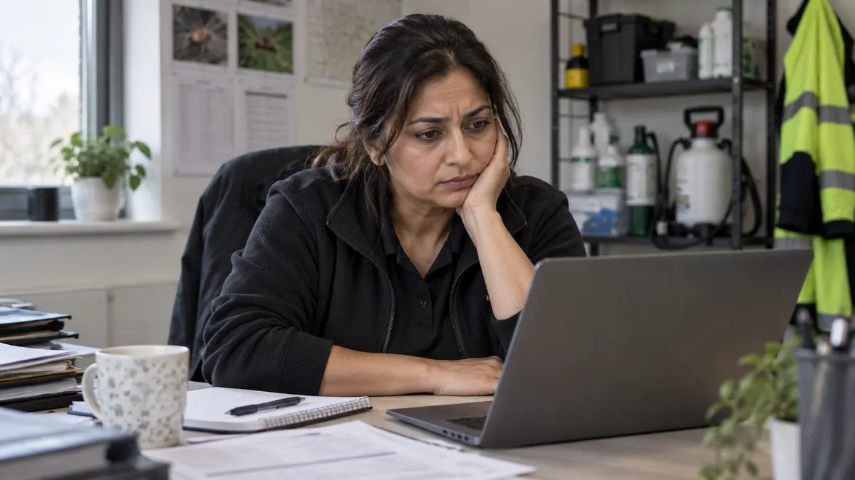 A worried business owner checking an account on her laptop